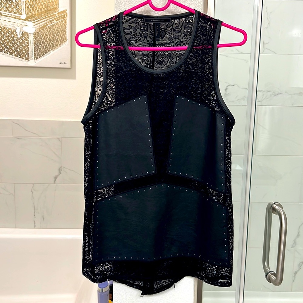 BCBG leather and lace tank